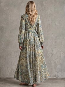 CHARMVALE Women's Fashion Elegant Metal Decor Paisley Print Dress - Green - View 2
