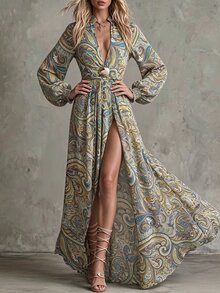 CHARMVALE Women's Fashion Elegant Metal Decor Paisley Print Dress - Green - View 6