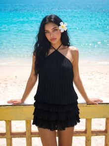 Sweetina Vestido mini con escote halter, plisado y espalda descubierta - Negro - Ver 5