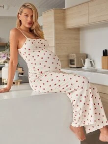 SHEIN 孕妇爱心印花吊带背心和可调节腰围阔腿裤休闲两件套 - 白色 - 查看 5