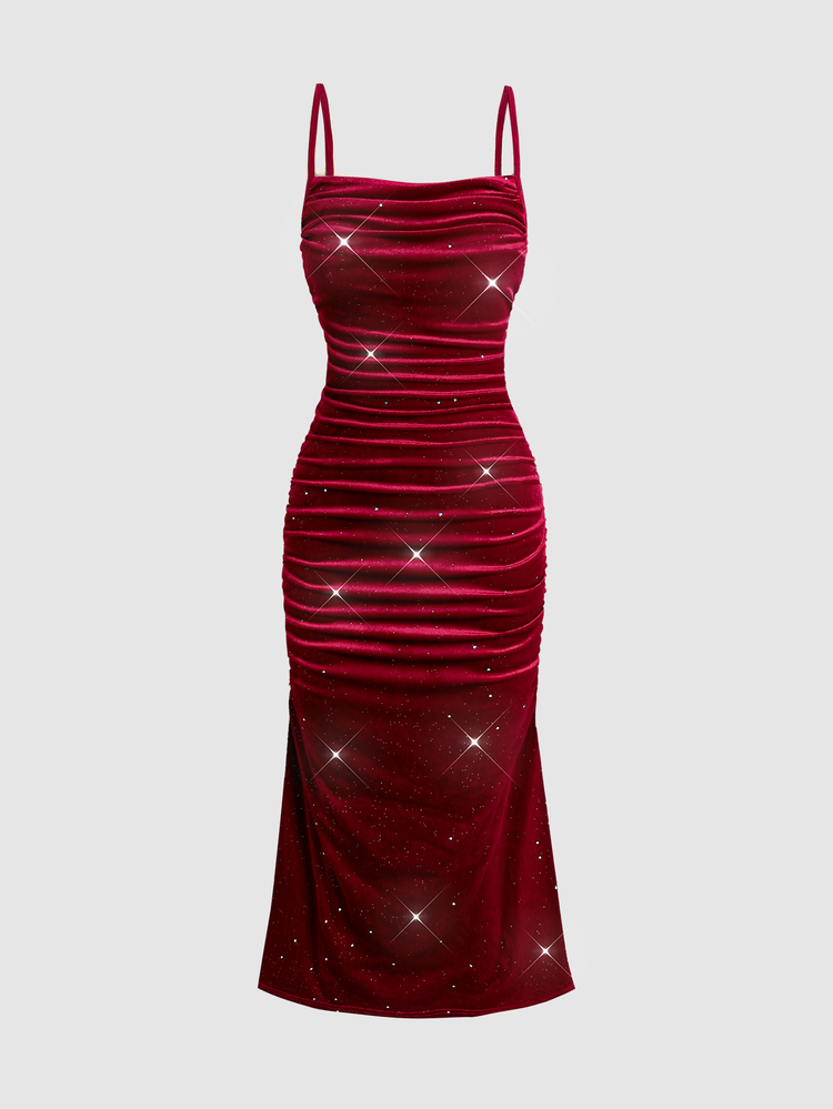 SHEIN فستان حفلة رسمي طويل بطول الأرض للمراهقات والفتيات، كاجوال أنيق من المخمل بطبعة قلب برقائق فضية، بحمالات سباغيتي وتصميم بودي سليم فيت وذيل حورية البحر، لون أحمر ، مناسب للخريف والشتاء وللهالوين والكريسماس ورأس السنة - عنابي اللون - مشاهدة 3