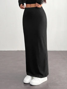 SHEIN PETITE Women'S Black Knit Tight-Fit Knee-Length Skirt - Black - View 6