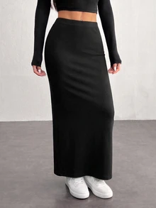 SHEIN PETITE Women'S Black Knit Tight-Fit Knee-Length Skirt - Black - View 9