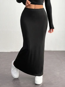 SHEIN PETITE Women'S Black Knit Tight-Fit Knee-Length Skirt - Black - View 10