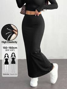 SHEIN PETITE Women'S Black Knit Tight-Fit Knee-Length Skirt - Black - View 1