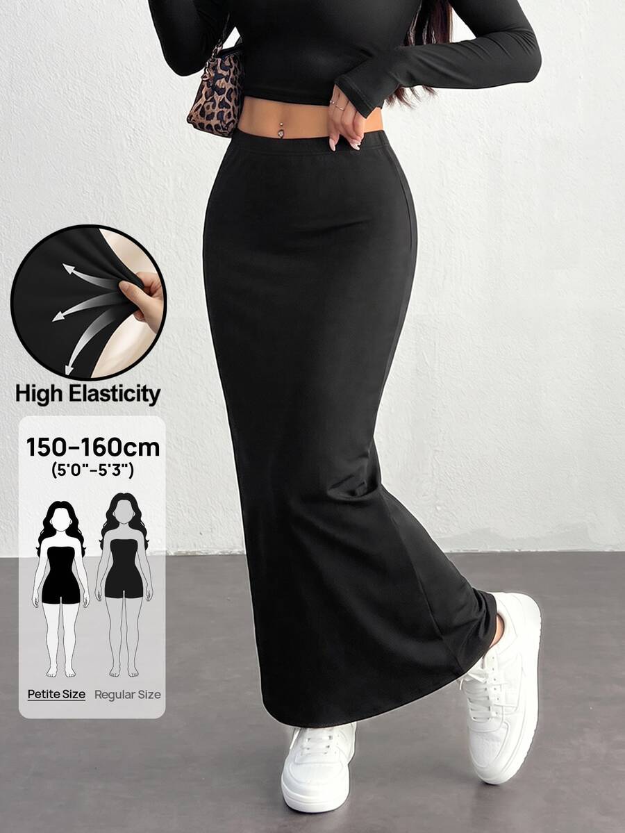 SHEIN PETITE Women'S Black Knit Tight-Fit Knee-Length Skirt - Black - View 1