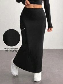 SHEIN PETITE Women'S Black Knit Tight-Fit Knee-Length Skirt - Black - View 8
