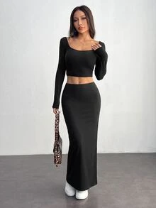SHEIN PETITE Women'S Black Knit Tight-Fit Knee-Length Skirt - Black - View 4