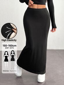 SHEIN PETITE Women'S Black Knit Tight-Fit Knee-Length Skirt - Black - View 3