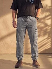 Fenqiro Men Plus Flap Pocket Side Cargo Jeans Baggy Long Washed Drawstring Jean Plain Light Grey Going Out Street Wear Size Going Out Urban Street Work Sport - Grey - View 1