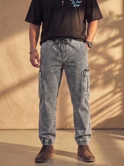 Fenqiro Men Plus Flap Pocket Side Cargo Jeans Baggy Long Washed Drawstring Jean Plain Light Grey Going Out Street Wear Size Going Out Urban Street Work Sport