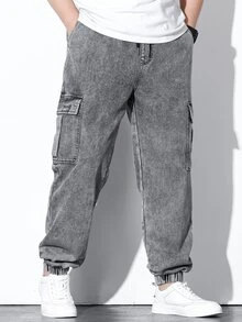 Fenqiro Men Plus Flap Pocket Side Cargo Jeans Baggy Long Washed Drawstring Jean Plain Light Grey Going Out Street Wear Size Going Out Urban Street Work Sport - Grey - View 8