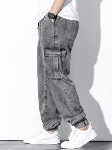 Fenqiro Men Plus Flap Pocket Side Cargo Jeans Baggy Long Washed Drawstring Jean Plain Light Grey Going Out Street Wear Size Going Out Urban Street Work Sport - Grey - View 7