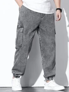 Fenqiro Men Plus Flap Pocket Side Cargo Jeans Baggy Long Washed Drawstring Jean Plain Light Grey Going Out Street Wear Size Going Out Urban Street Work Sport - Grey - View 6