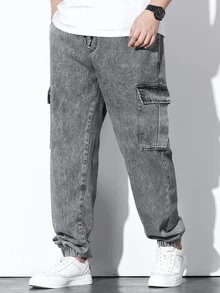 Fenqiro Men Plus Flap Pocket Side Cargo Jeans Baggy Long Washed Drawstring Jean Plain Light Grey Going Out Street Wear Size Going Out Urban Street Work Sport - Grey - View 4