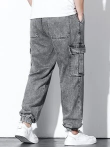 Fenqiro Men Plus Flap Pocket Side Cargo Jeans Baggy Long Washed Drawstring Jean Plain Light Grey Going Out Street Wear Size Going Out Urban Street Work Sport - Grey - View 2