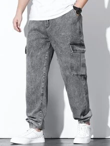 Fenqiro Men Plus Flap Pocket Side Cargo Jeans Baggy Long Washed Drawstring Jean Plain Light Grey Going Out Street Wear Size Going Out Urban Street Work Sport - Grey - View 3
