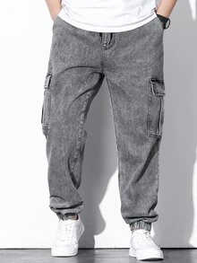 Fenqiro Men Plus Flap Pocket Side Cargo Jeans Baggy Long Washed Drawstring Jean Plain Light Grey Going Out Street Wear Size Going Out Urban Street Work Sport - Grey - View 9