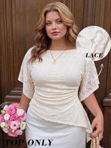 SHEIN MOD Plus Size Women's Jacquard Textured Boat Neck Batwing Sleeve Short Sleeve Ruched Asymmetrical Hem Fashion T-Shirt,Apricot - Apricot - View 6