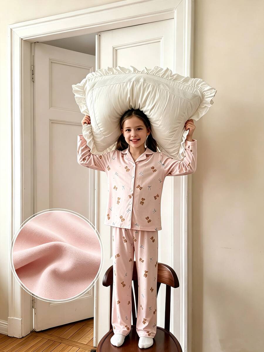 Tween Girl Printed Top And Pants Lounge Set - Baby Pink - View 1