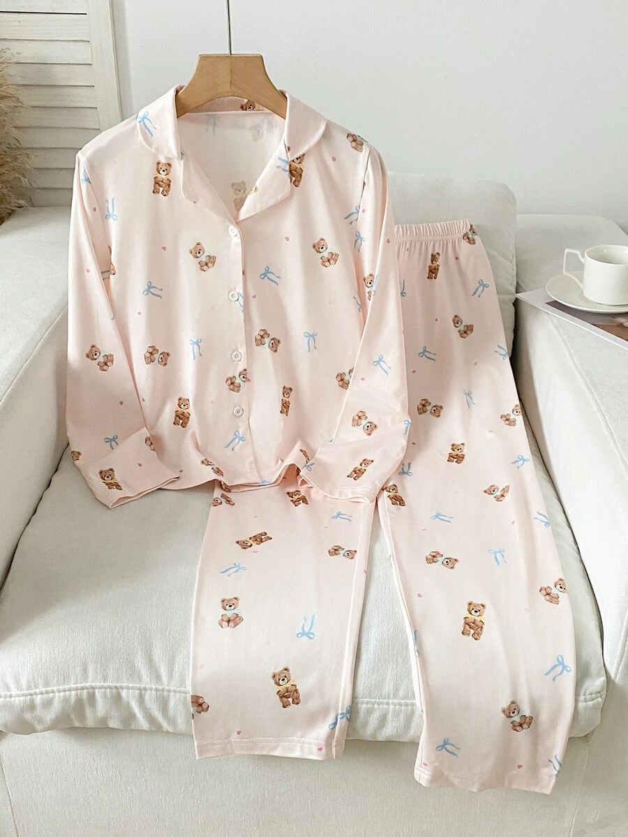 Conjunto de ropa de estar en casa con top estampado y pantalones para niña preadolescente - Rosa Pálido - Ver 1