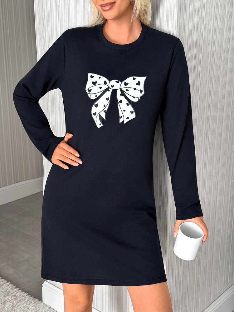 SHEIN PLUS SIZE Women Cotton Navy Blue With BowHeart Printed Round Neck Long Sleeved Nightgown Casual Lounge Sleep Dress For Ladies Night Winter - Navy Blue - View 4