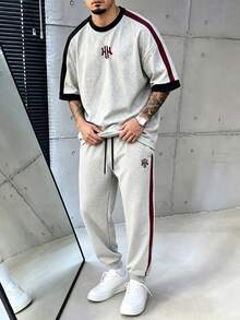 Gym Rark Men's Letter Print Drop Shoulder Sleeve T-Shirt And Drawstring Waist Long Pants Sports Set - Multicolor - View 3