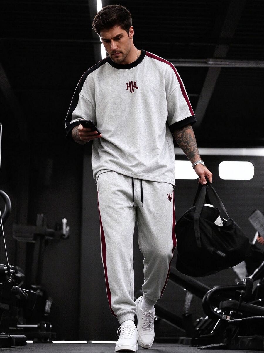 Gym Rark Men's Letter Print Drop Shoulder Sleeve T-Shirt And Drawstring Waist Long Pants Sports Set - Multicolor - View 1