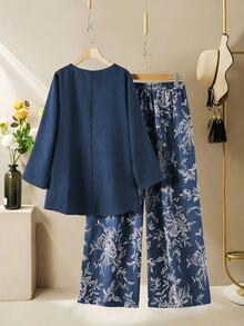 Lacomfia Women's Round Neck Long Sleeve Loose Wide Leg Printed Casual Comfortable Plus Size 2 Pieces Set Fall - Blue - View 2