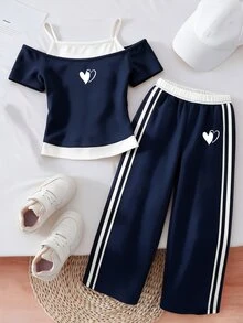 Girls' Fresh Minimalist Double Heart Graphic Print 2 In 1 Off-Shoulder Spaghetti Strap Short Sleeve T-Shirt & Wide Leg Pants Set, Chill, Kawaii, Cozy Fall & Winter Styles - Multicolor - View 5