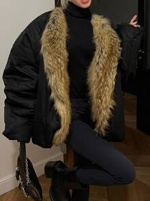 Comfortcana Manteau matelassé en polaire patchwork confortable à manches longues pour l'hiver, grande taille - Noir - Voir 2