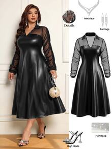 Femmeverse Plus Size Women Solid Color Mesh & Leather Patchwork Mid-Length Dress - Black - View 1