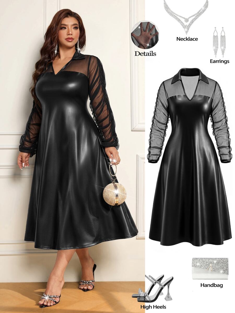 Femmeverse Plus Size Women Solid Color Mesh & Leather Patchwork Mid-Length Dress - Black - View 1