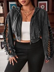 Muchica Plus Size Women Solid Color Cutout Long Sleeve Zipper Front Casual Drawstring Hooded Sweatshirt - Dark Grey - View 3