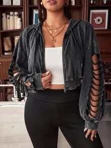 Muchica Plus Size Women Solid Color Cutout Long Sleeve Zipper Front Casual Drawstring Hooded Sweatshirt - Dark Grey - View 4