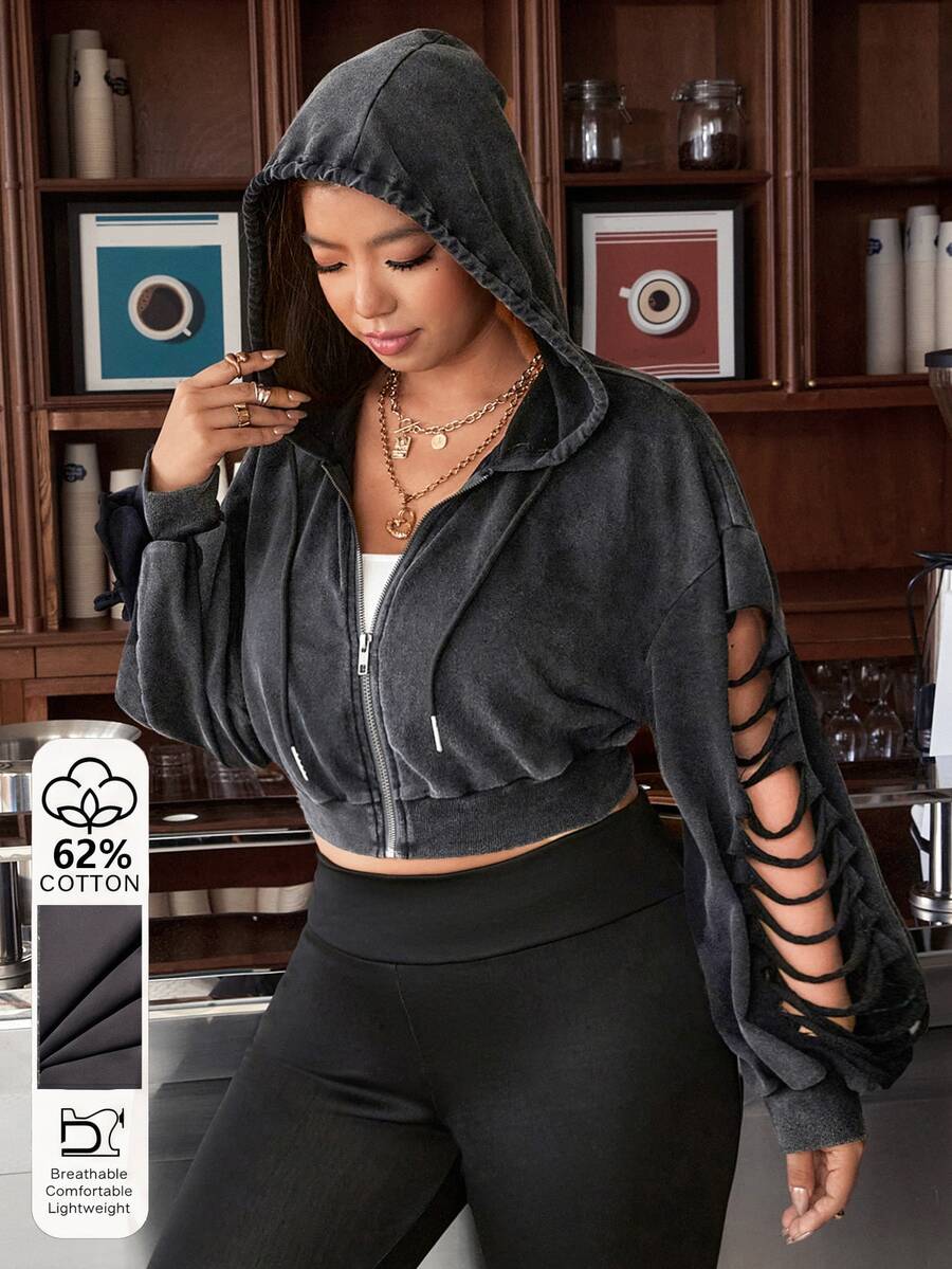 Muchica Plus Size Women Solid Color Cutout Long Sleeve Zipper Front Casual Drawstring Hooded Sweatshirt - Dark Grey - View 1