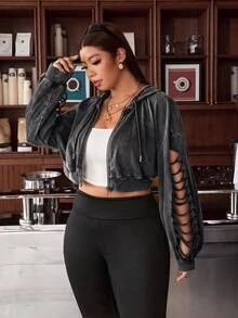 Muchica Plus Size Women Solid Color Cutout Long Sleeve Zipper Front Casual Drawstring Hooded Sweatshirt - Dark Grey - View 5