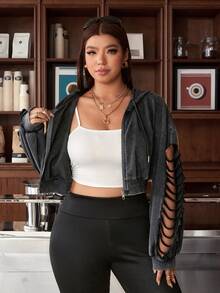 Muchica Plus Size Women Solid Color Cutout Long Sleeve Zipper Front Casual Drawstring Hooded Sweatshirt - Dark Grey - View 6