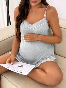SHEIN 2pcs/Set Nursing Contrast Color Sleeveless Casual Sexy Cute Baggy Elegant Summer Outfit Pajama Loungewear Sleepwear Set Sleeping Formal Grey Lounge - Grey - View 7