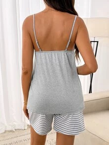 SHEIN 2pcs/Set Nursing Contrast Color Sleeveless Casual Sexy Cute Baggy Elegant Summer Outfit Pajama Loungewear Sleepwear Set Sleeping Formal Grey Lounge - Grey - View 3