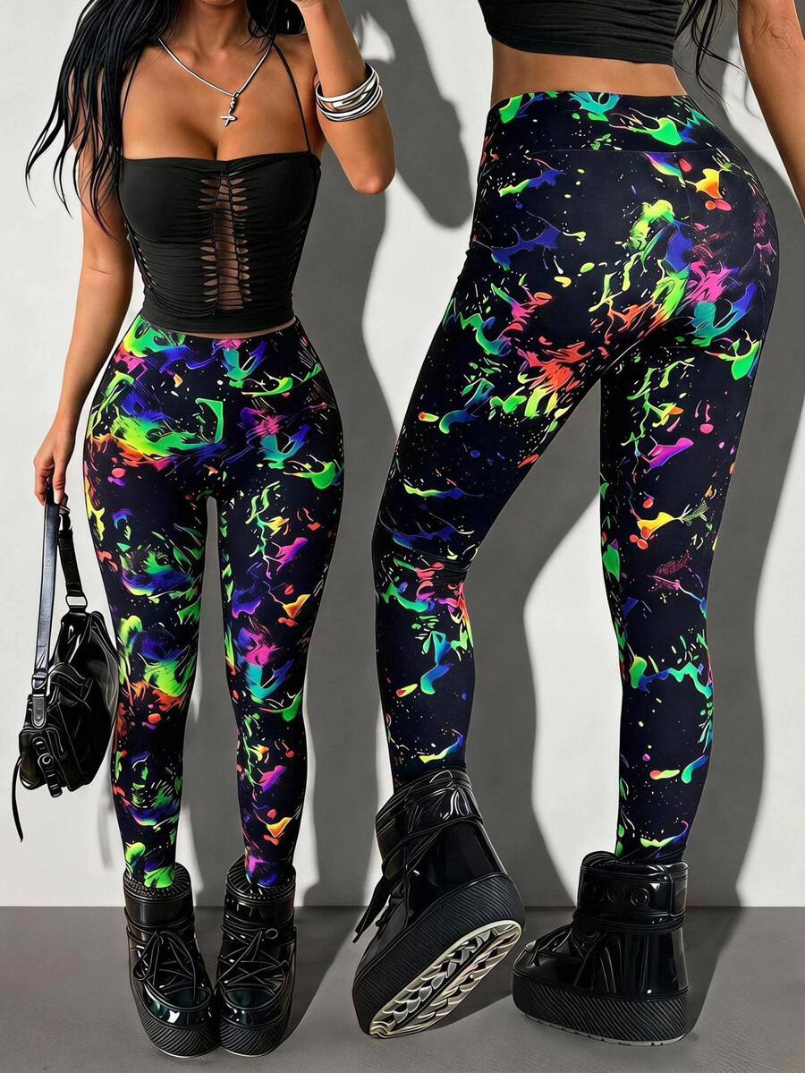 SHEIN ICON Reflective Splash Ink Print High Waist Graphic Leggings - Multicolor - View 1