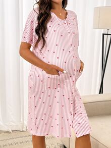 SHEIN Maternity Striped Heart Print Delivery Dress,Pajama,Pajama Dress,Loungewear ,Sleepwear - Pink - View 5