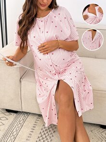 SHEIN Maternity Striped Heart Print Delivery Dress,Pajama,Pajama Dress,Loungewear ,Sleepwear - Pink - View 2