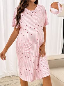 SHEIN Maternity Striped Heart Print Delivery Dress,Pajama,Pajama Dress,Loungewear ,Sleepwear - Pink - View 9
