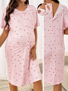 SHEIN Maternity Striped Heart Print Delivery Dress,Pajama,Pajama Dress,Loungewear ,Sleepwear - Pink - View 4