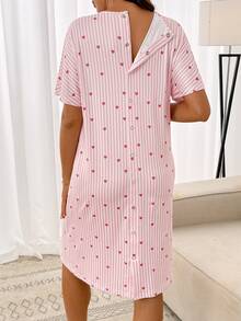 SHEIN Maternity Striped Heart Print Delivery Dress,Pajama,Pajama Dress,Loungewear ,Sleepwear - Pink - View 3
