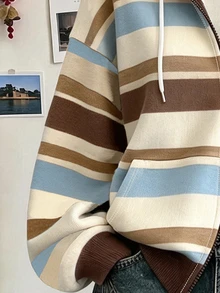 Collagica Collagica Women's Casual Double Zipper Sweatshirt, Multi-Color Striped Print Pattern Design, Versatile Casual Outerwear, Comfortable Everyday Wear, Autumn - Multicolor - View 4