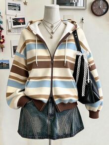 Collagica Collagica Women's Casual Double Zipper Sweatshirt, Multi-Color Striped Print Pattern Design, Versatile Casual Outerwear, Comfortable Everyday Wear, Autumn - Multicolor - View 1