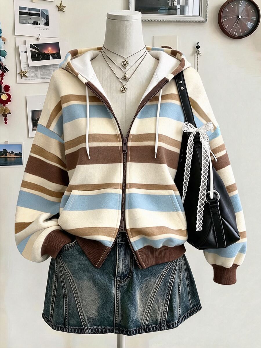 Collagica Collagica Women's Casual Double Zipper Sweatshirt, Multi-Color Striped Print Pattern Design, Versatile Casual Outerwear, Comfortable Everyday Wear, Autumn - Multicolor - View 1