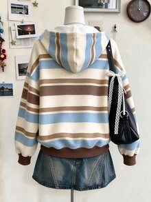 Collagica Collagica Women's Casual Double Zipper Sweatshirt, Multi-Color Striped Print Pattern Design, Versatile Casual Outerwear, Comfortable Everyday Wear, Autumn - Multicolor - View 2